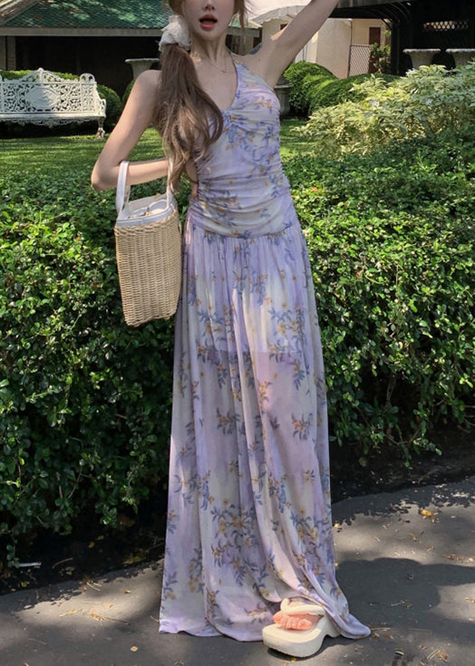 Dresses Stylish Print Long Up Sleeveless Tulle Lace Purple