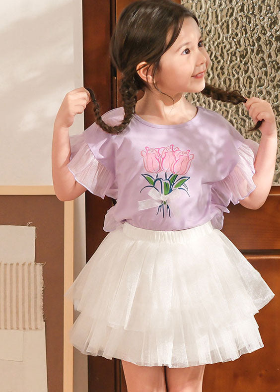 Stylish Purple Print Tulle Patchwork Girls Top And Pleated Skirts Two Pieces Set Summer SS1011