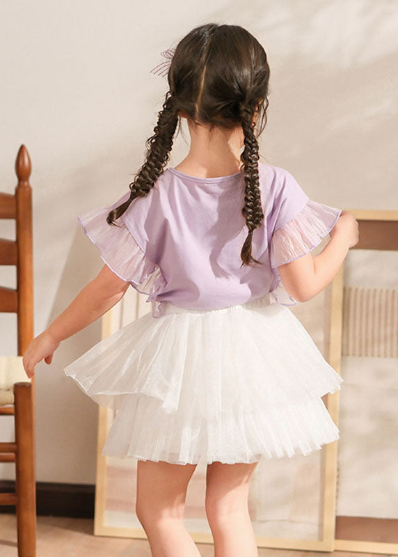 Stylish Purple Print Tulle Patchwork Girls Top And Pleated Skirts Two Pieces Set Summer SS1011