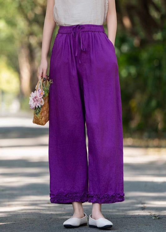 Linen Wide Stylish Pockets Leg Pants Ruffled Solid Purple