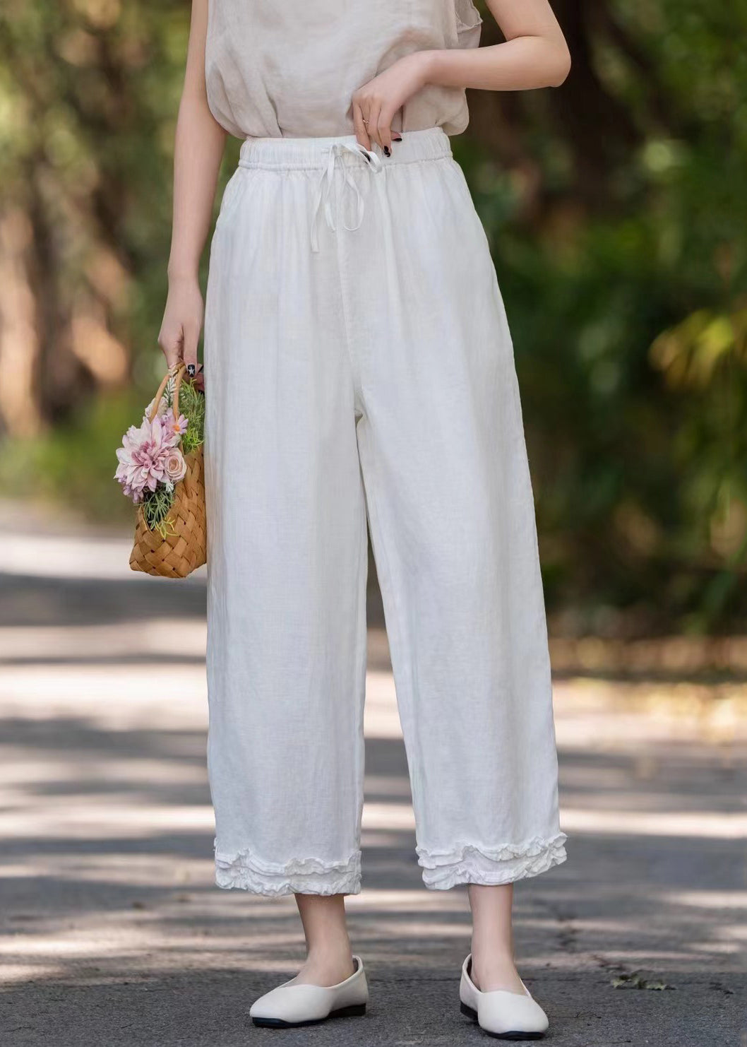 Linen Wide Stylish Pockets Leg Pants Ruffled Solid Purple