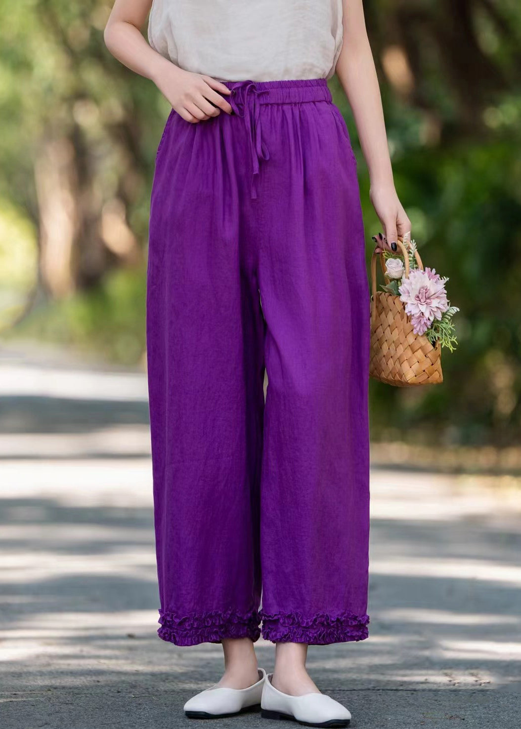 Linen Wide Stylish Pockets Leg Pants Ruffled Solid Purple