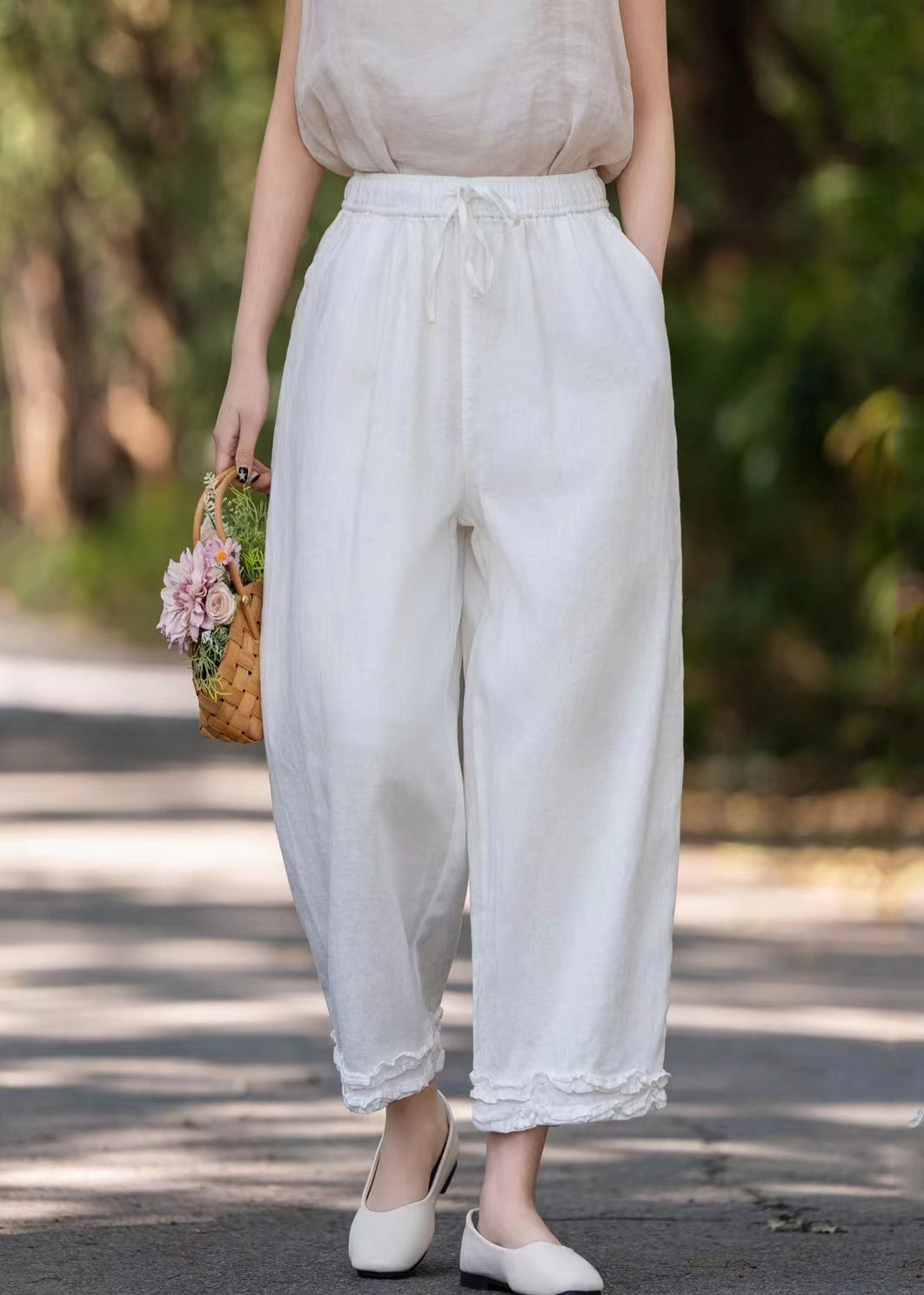 Linen Wide Stylish Pockets Leg Pants Ruffled Solid Purple