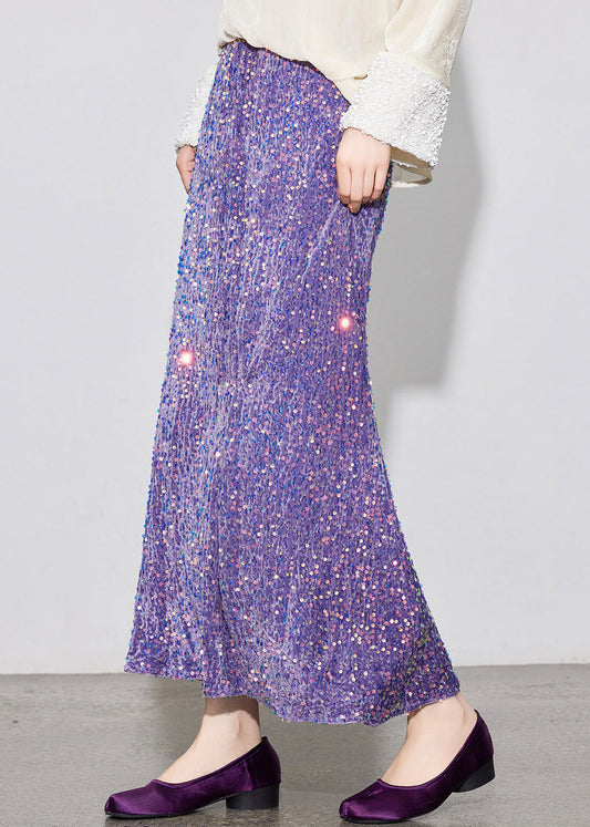 Stylish Velvet Silk Purple Sequins Spring Elastic Waist Skirt