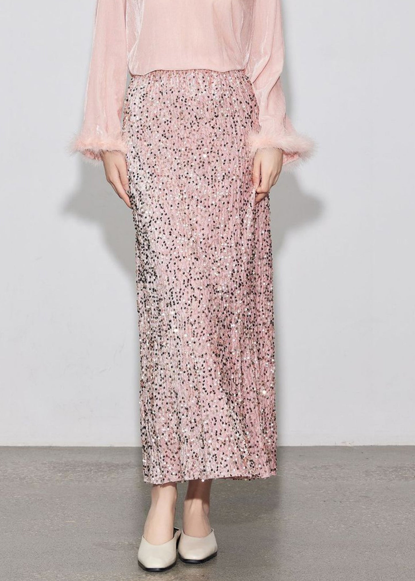 Stylish Velvet Silk Purple Sequins Spring Elastic Waist Skirt