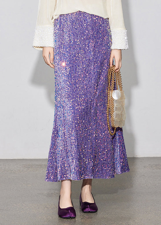 Stylish Velvet Silk Purple Sequins Spring Elastic Waist Skirt