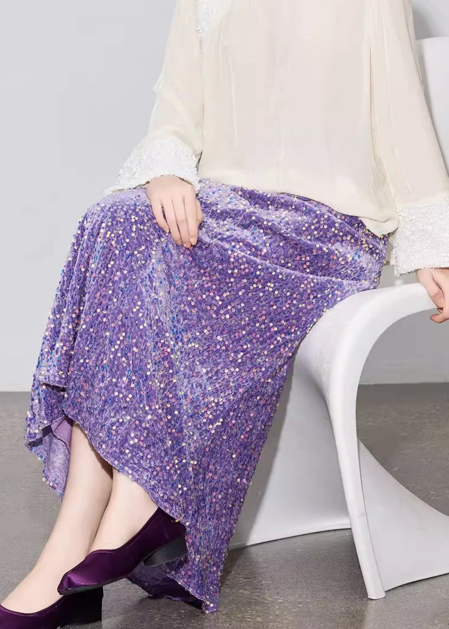 Stylish Velvet Silk Purple Sequins Spring Elastic Waist Skirt