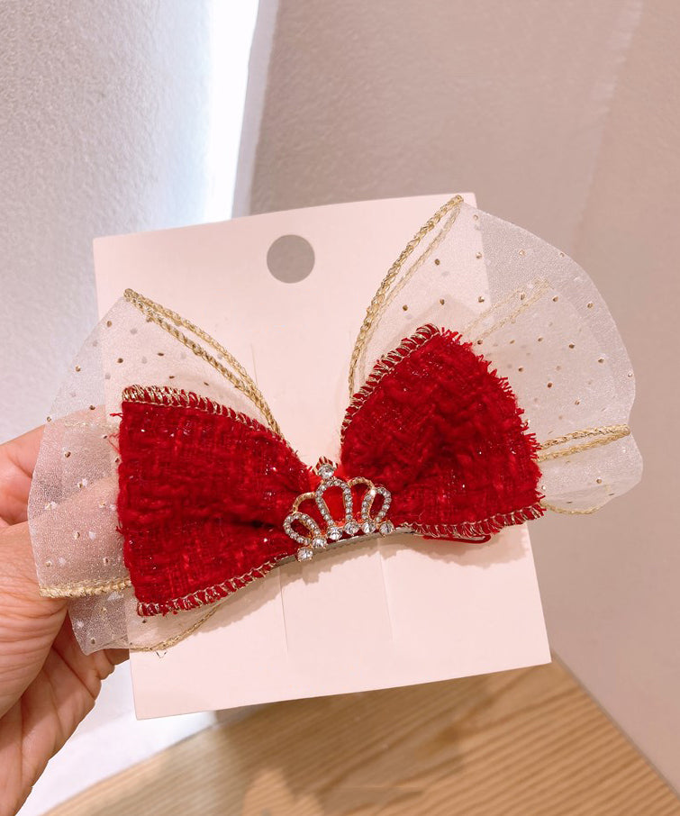 Stylish Red Alloy Tulle Fabric Zircon Bow Kids Hairpin YG039