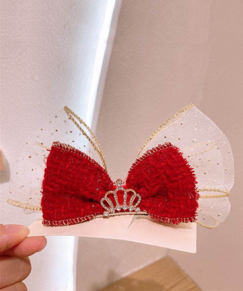 Stylish Red Alloy Tulle Fabric Zircon Bow Kids Hairpin YG039