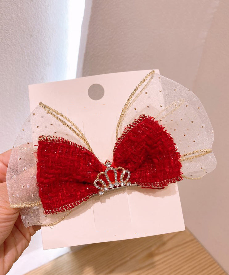 Stylish Red Alloy Tulle Fabric Zircon Bow Kids Hairpin YG039