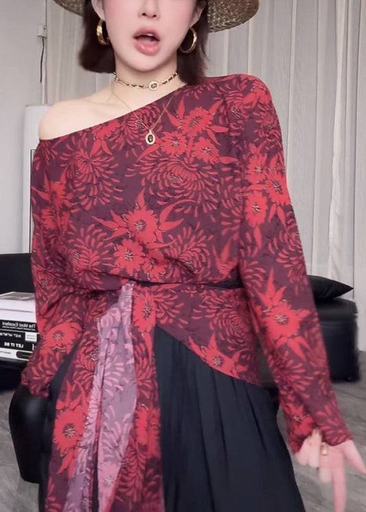 Tie Shirts Cotton Fall Print Stylish Red Asymmetrical Waist