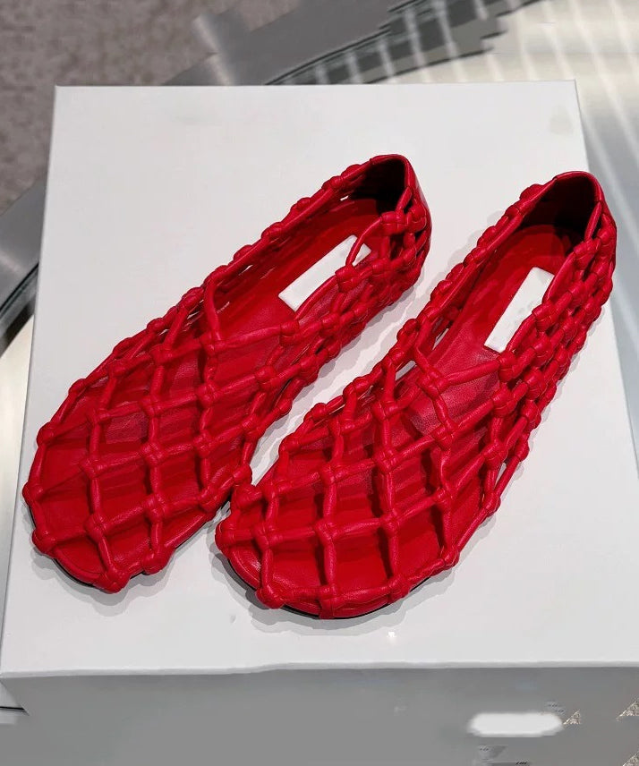 Stylish Sandals Walking Cowhide Red Splicing Out Hollow Leather