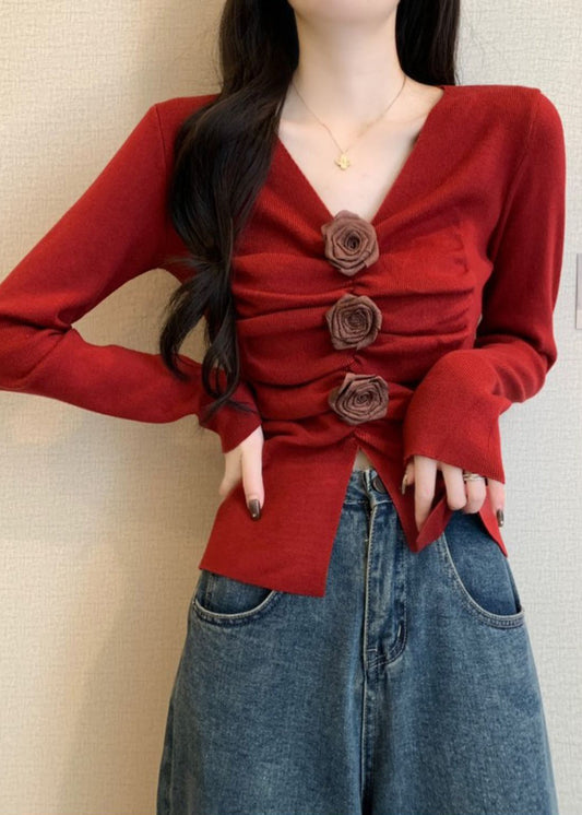 Stylish Red Floral Wrinkled Knit Sweater Spring TM032