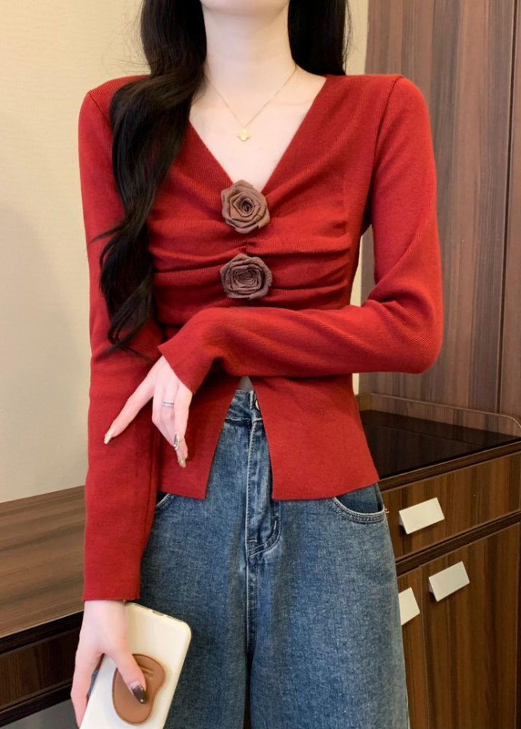 Stylish Red Floral Wrinkled Knit Sweater Spring TM032