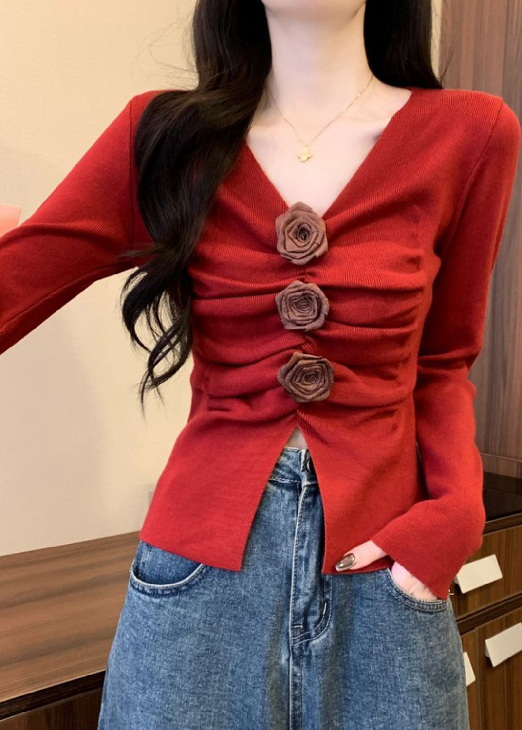 Stylish Red Floral Wrinkled Knit Sweater Spring TM032