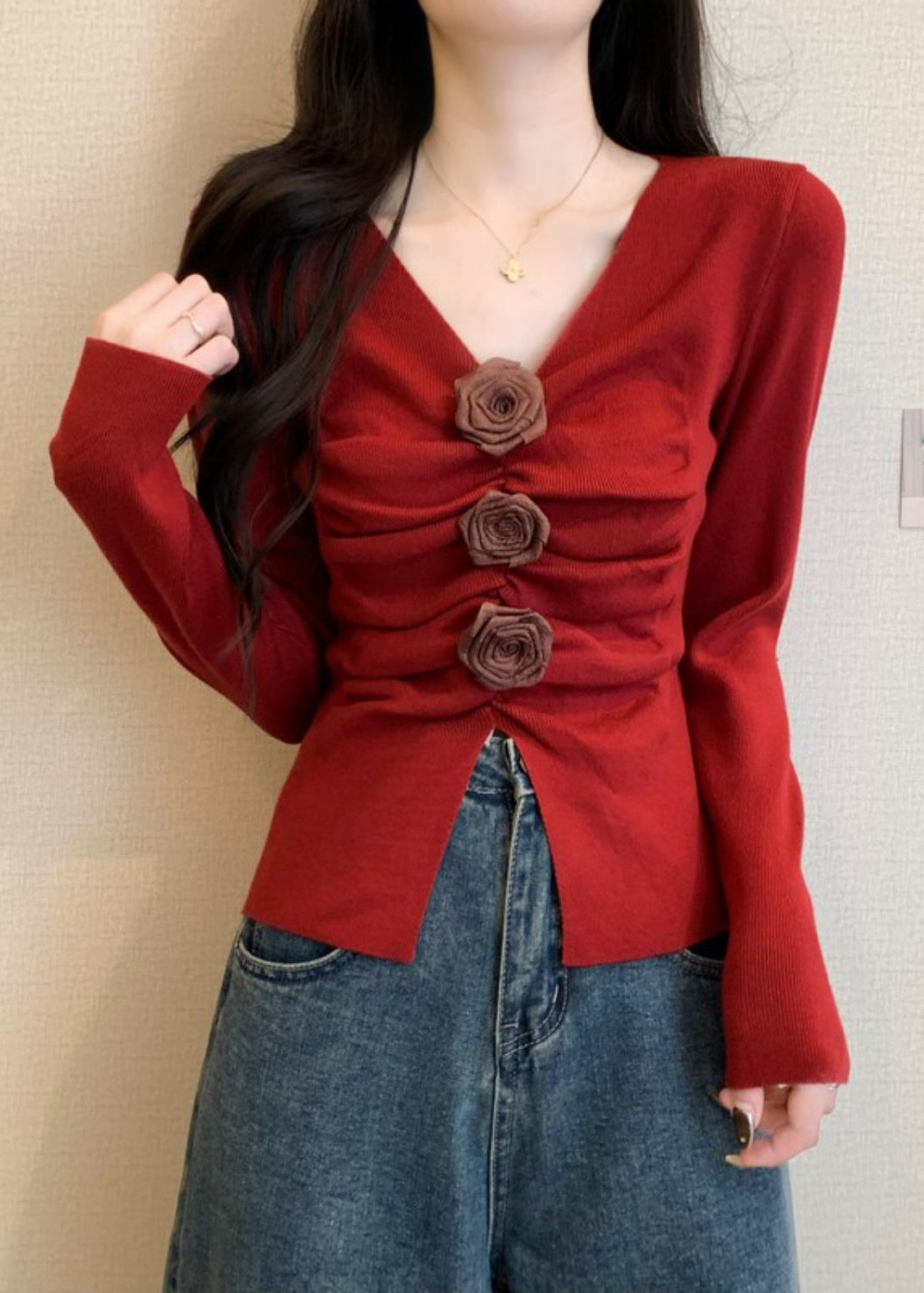 Stylish Red Floral Wrinkled Knit Sweater Spring TM032