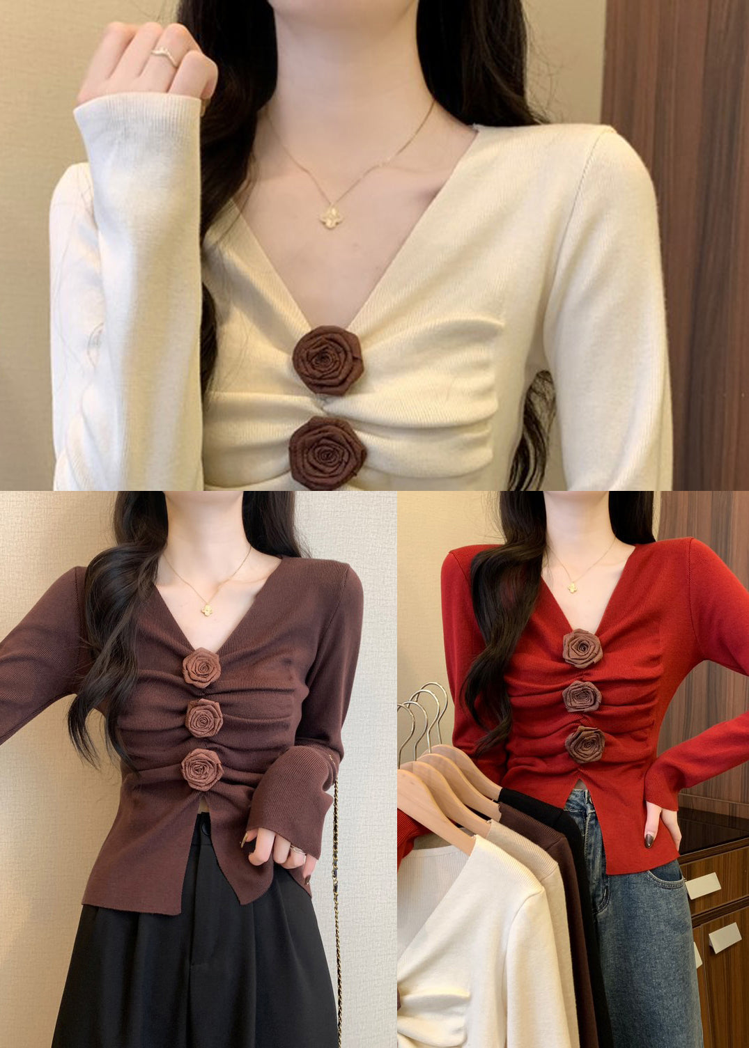 Stylish Red Floral Wrinkled Knit Sweater Spring TM032