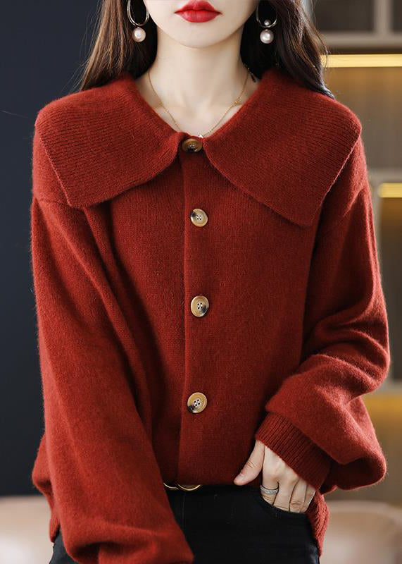 Stylish Red Peter Pan Collar Button Solid Knit Cardigan Fall QI048