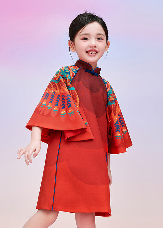 Cloak Stylish Sleeves Print Red Vacation Maxi Dresses Kids