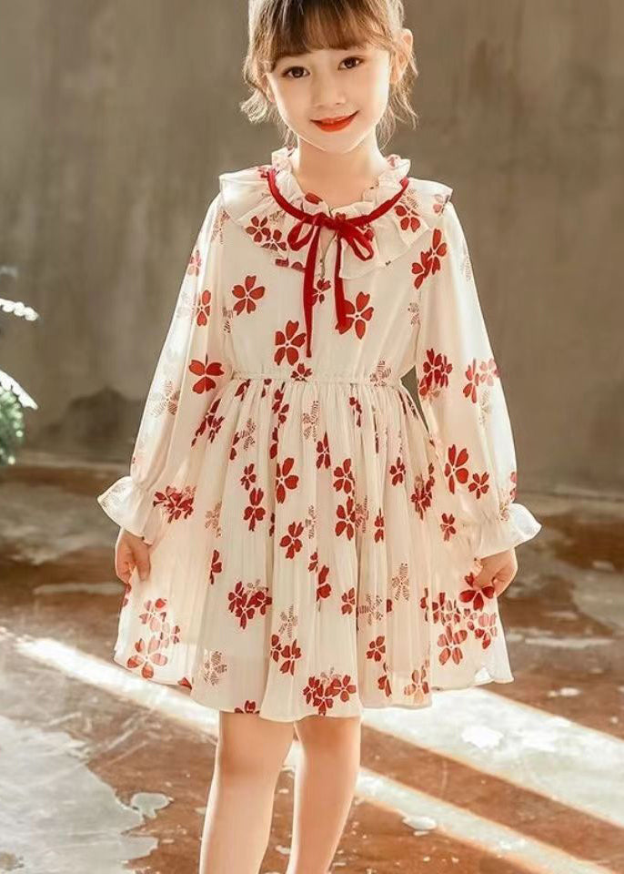 Stylish Red Ruffled Print Lace Up Chiffon Girls Dresses Flare Sleeve XZ098