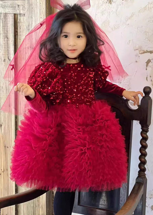 Stylish Red Silk Velour Sequins Tulle Kids Long Dress Winter RP031