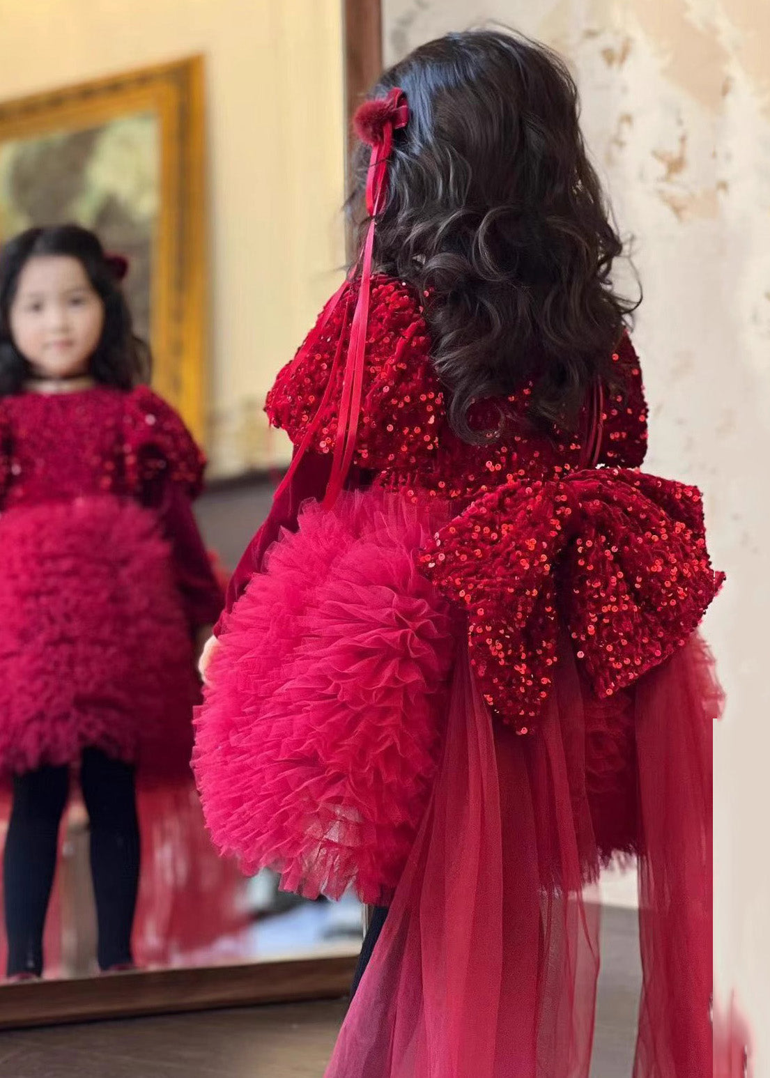 Stylish Red Silk Velour Sequins Tulle Kids Long Dress Winter RP031