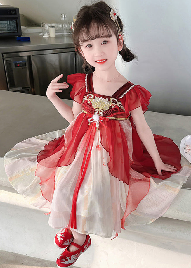 Stylish Red Square Collar Nail Bead Patchwork Chiffon Kids Long Dress Short Sleeve GF019