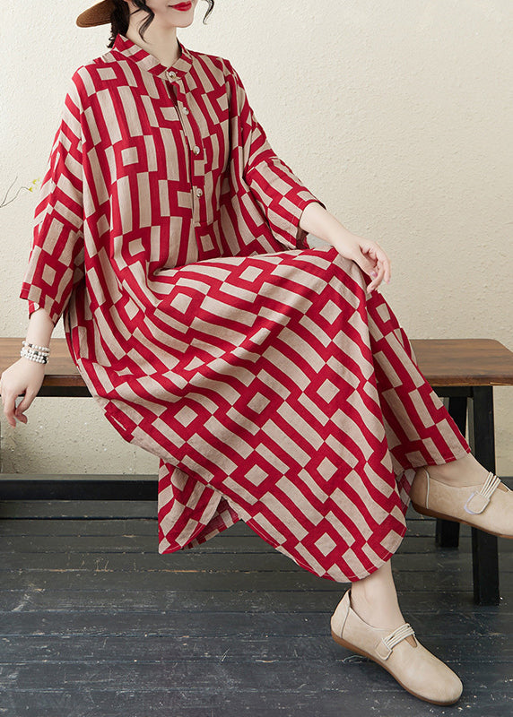 Red Side Open Collar Stylish Stand Striped Bracelet Dress Long