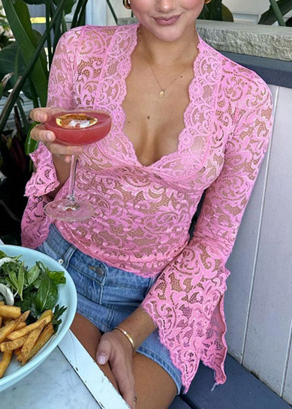 Red Shirts Flare Sleeve T Lace V Neck Stylish