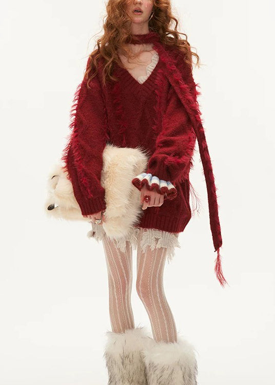 Stylish Red V Neck Tassel Knitted Sweaters Tops Spring TN022