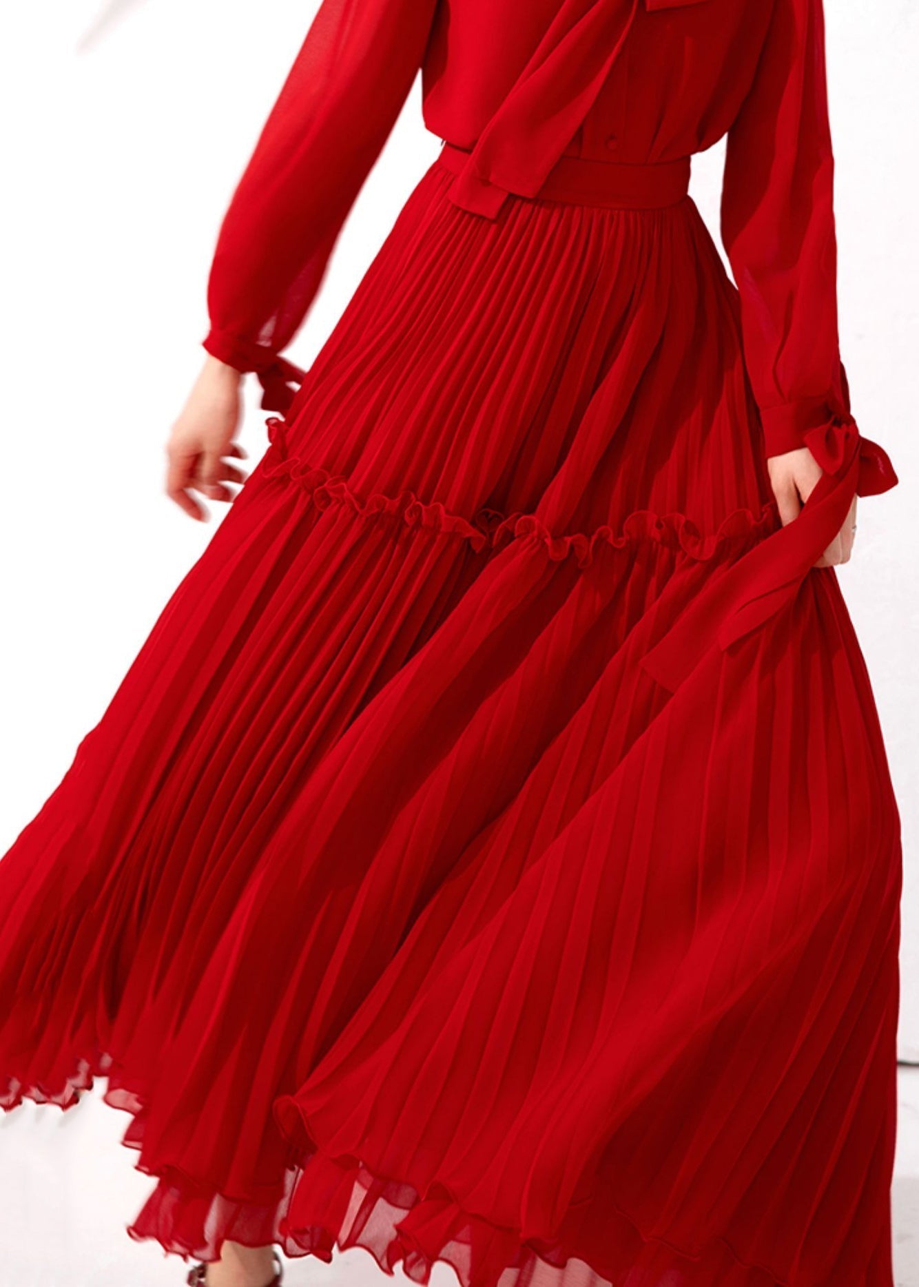 Stylish Red Wrinkled High Waist Chiffon Exra Large Hem Skirts Fall QR037