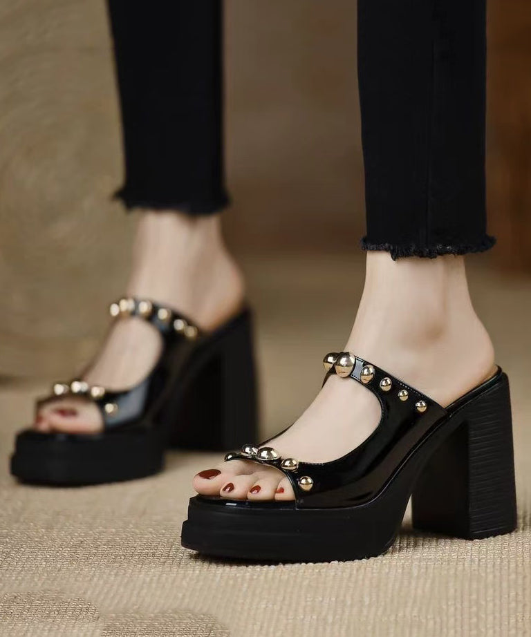 Heel Slide Rivet Stylish Cowhide Black Leather Chunky Splicing