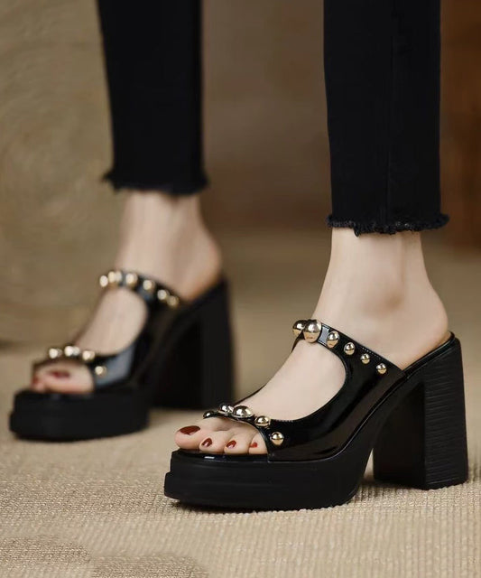 Heel Slide Rivet Stylish Cowhide Black Leather Chunky Splicing