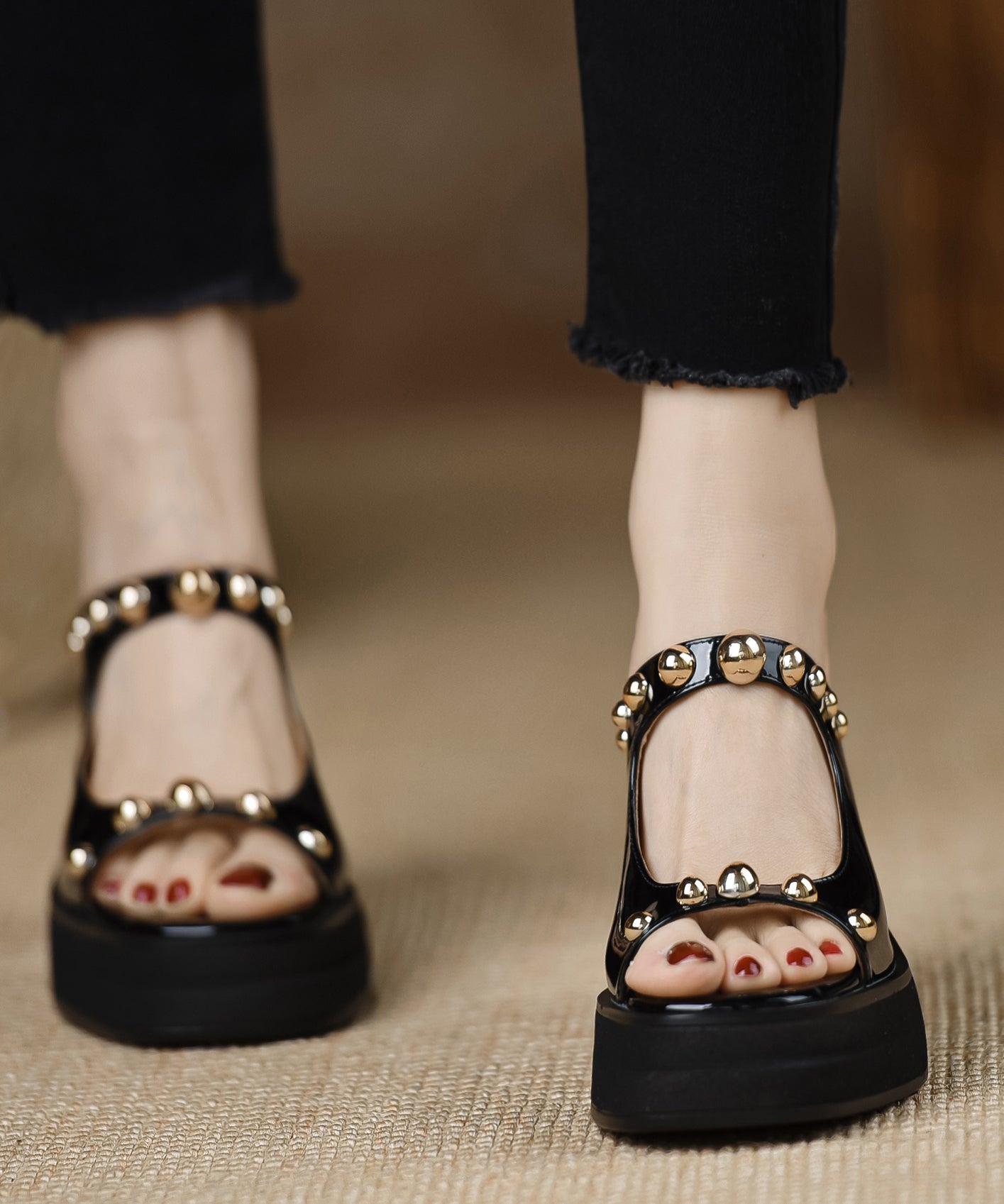 Heel Slide Rivet Stylish Cowhide Black Leather Chunky Splicing