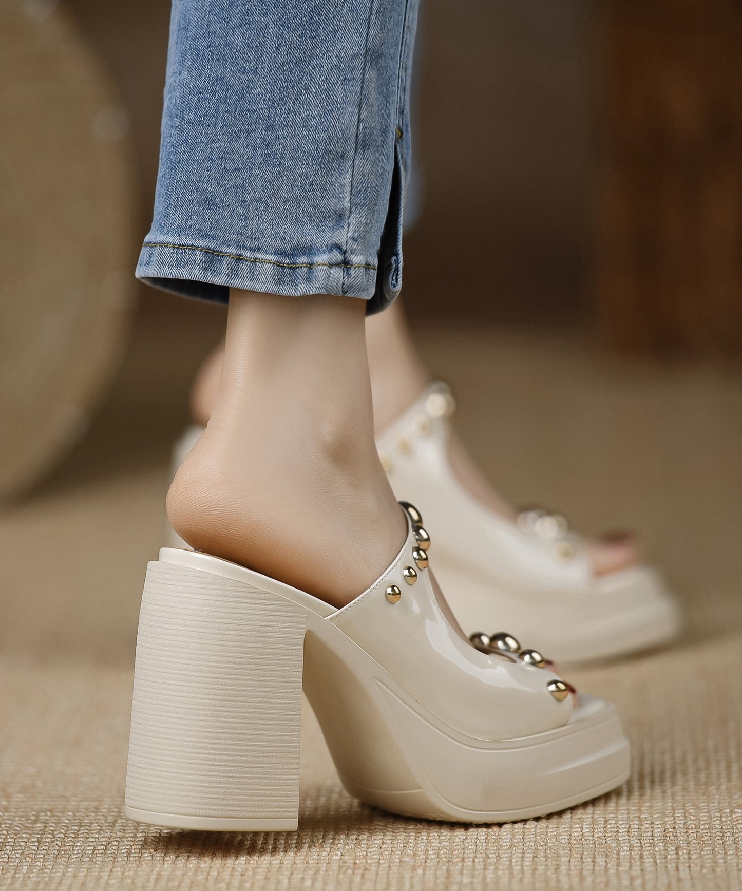 Heel Slide Rivet Stylish Cowhide Black Leather Chunky Splicing