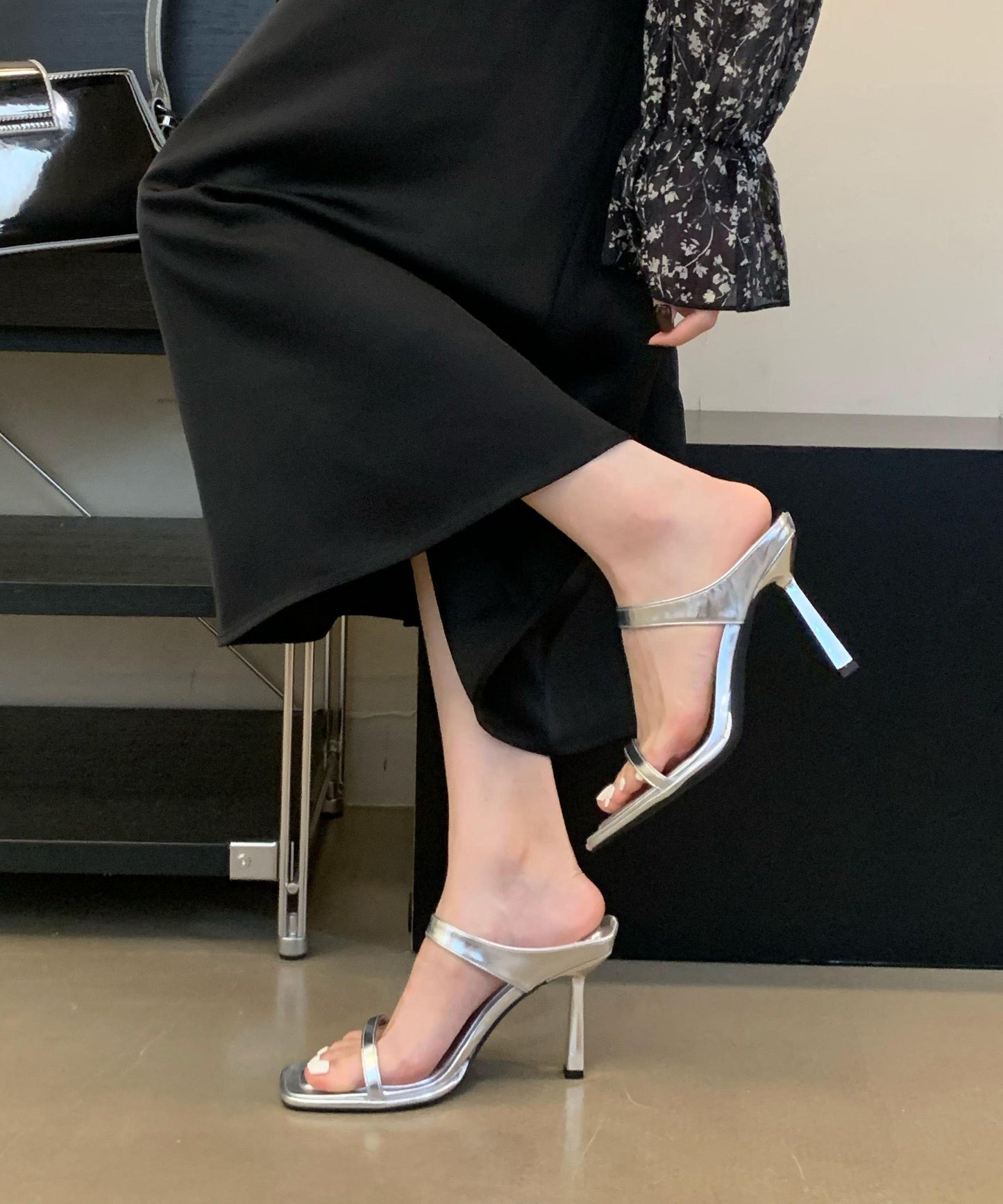 Rose Toe Leather Peep Slide Stiletto Stylish Sandals Faux