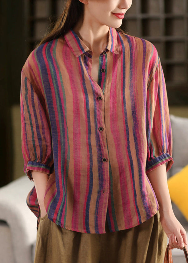 Rose Stylish Pan Striped Bracelet Linen Shirts Peter Collar