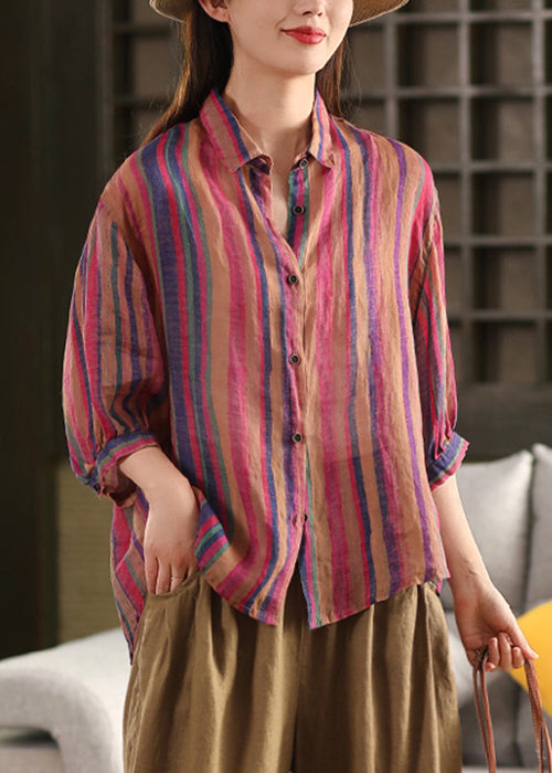 Rose Stylish Pan Striped Bracelet Linen Shirts Peter Collar