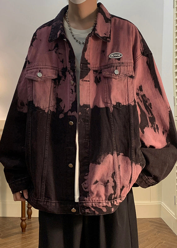 Mens Pockets Red Denim Coats Stylish Rubber Dye Fall Tie