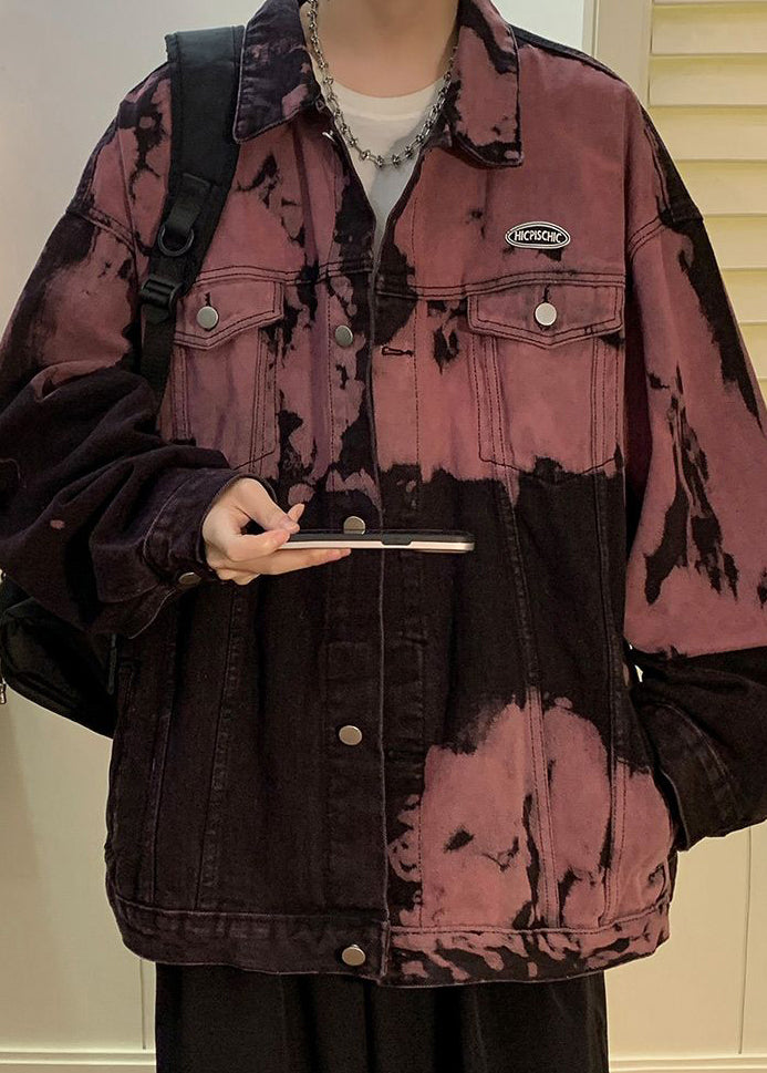 Mens Pockets Red Denim Coats Stylish Rubber Dye Fall Tie