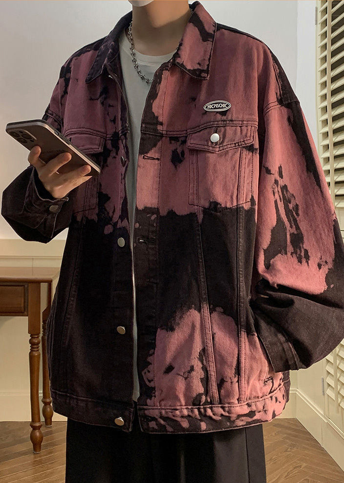 Mens Pockets Red Denim Coats Stylish Rubber Dye Fall Tie