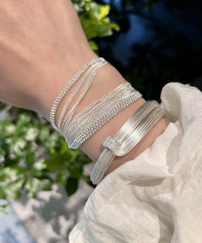 Two-Piece Stylish Silver Set Chain Bracelet Silk Sterling