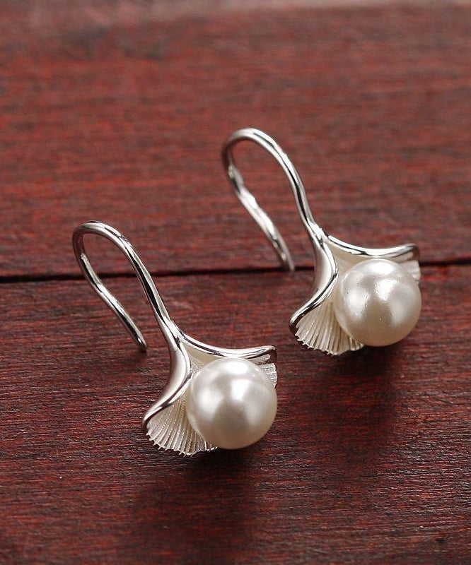 Silver Pearl Leaves Ginkgo Sterling Silk Stud Earrings Stylish