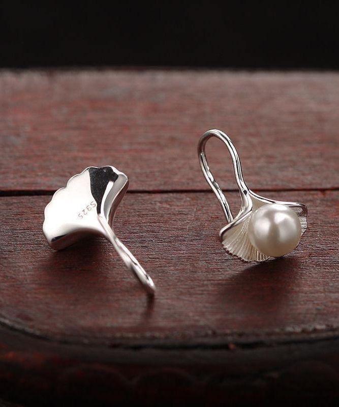 Silver Pearl Leaves Ginkgo Sterling Silk Stud Earrings Stylish