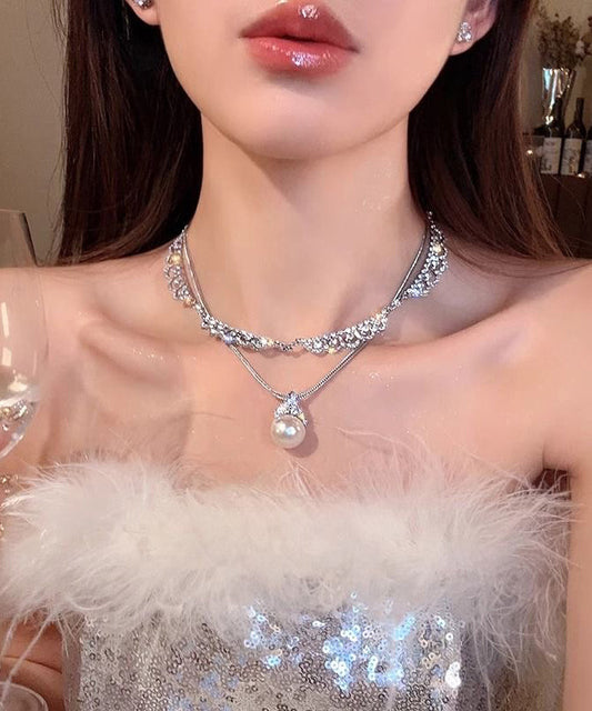 Stylish Silk Sterling Silver Zircon Double Layer Pearl Pendant Necklace YD005