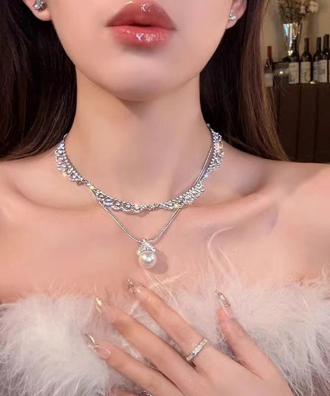 Stylish Silk Sterling Silver Zircon Double Layer Pearl Pendant Necklace YD005