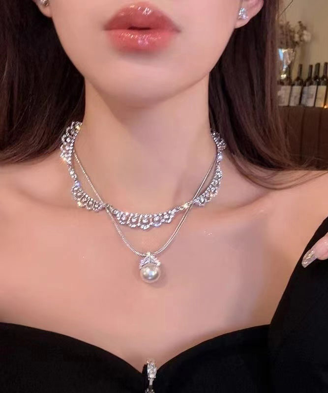 Stylish Silk Sterling Silver Zircon Double Layer Pearl Pendant Necklace YD005