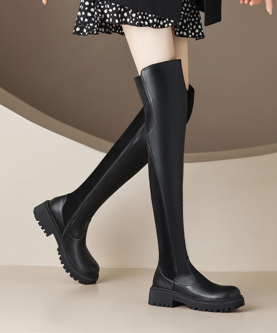 Stylish Splicing Chunky Thigh Boots Black Faux Leather WT042