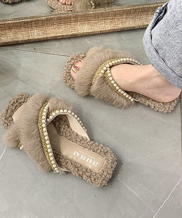 Stylish Splicing Fuzzy Fur Slippers Shoes Brown Nail Bead WT010