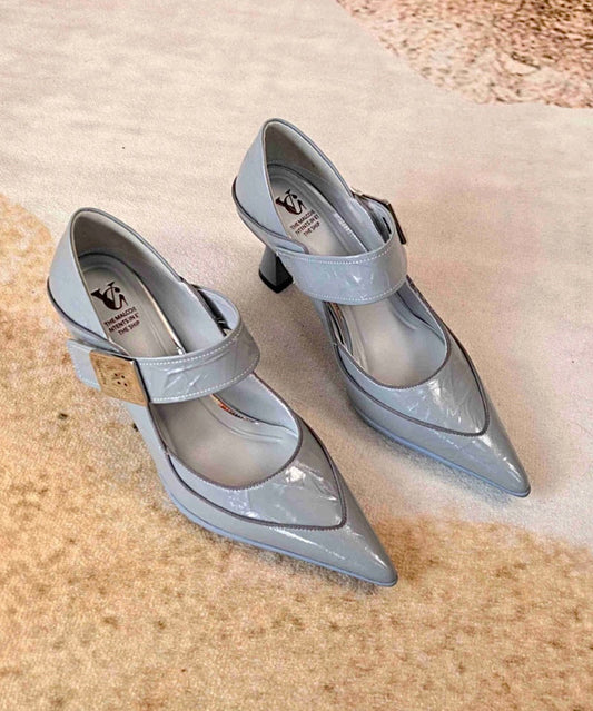 High Grey Leather Toe Cowhide Stylish Splicing Heels Pointed Blue